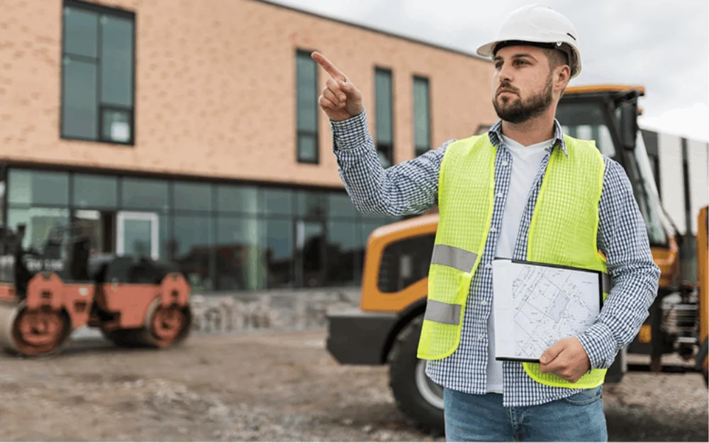 Worker in a safety vest and hard hat directing work on a construction site