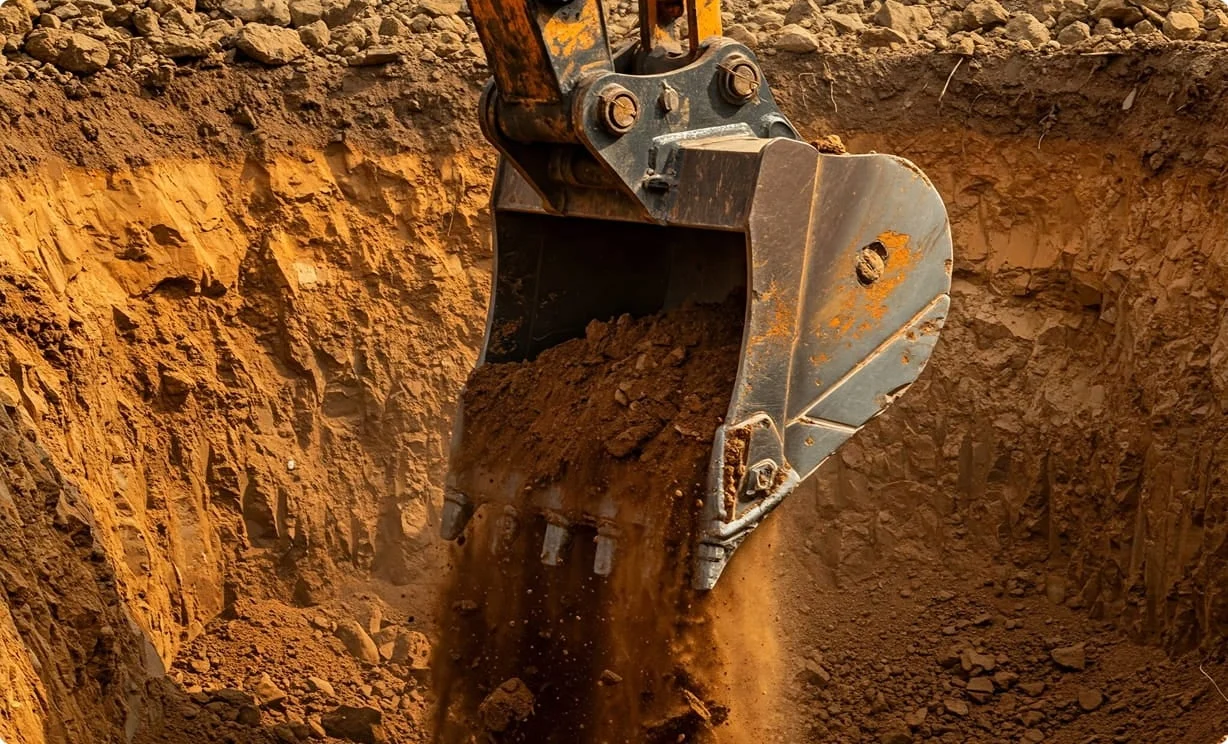 Yellow A. Préfontaine & Associés work truck on an excavation site in the Estrie region